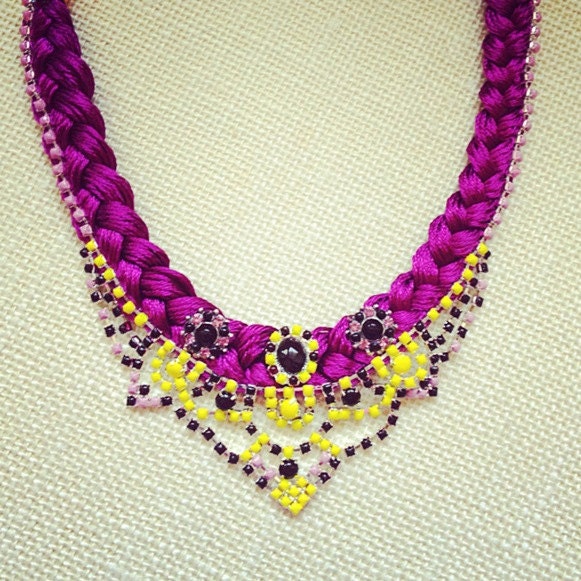 Lila necklace - made of hand woven elements, adorned with vintage hand-dyed crystals