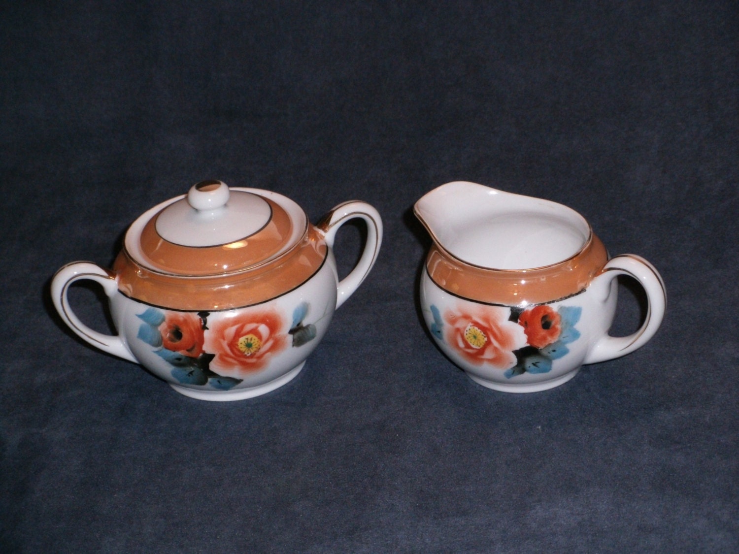 Noritake Peach Luster (Lustre) Handpainted Creamer and Sugar Bowl with Lid, Made in Japan, Wild Roses and Gold Detail