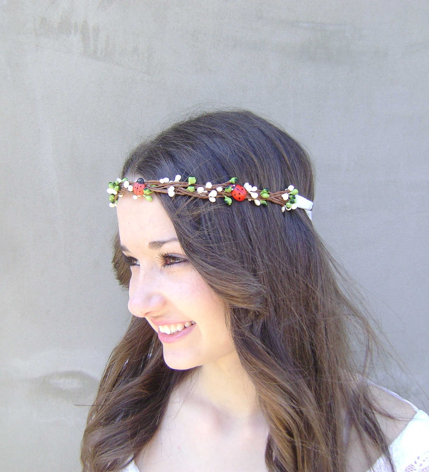 Bridal crown with white green berries and  ladybirds, wedding headband, Rustic boho wreath, bridal headpiece, Boho wedding crown
