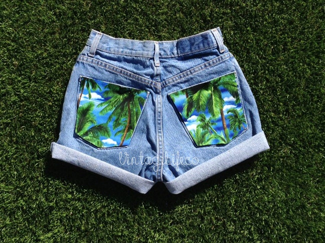 Vintage High Waisted Jean Shorts Tropical Back Pockets All Sizes Available