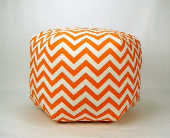 Chevron Pouf Ottoman - 24" Pouf Pillow in Orange and Natural Chevron Zig Zag Print