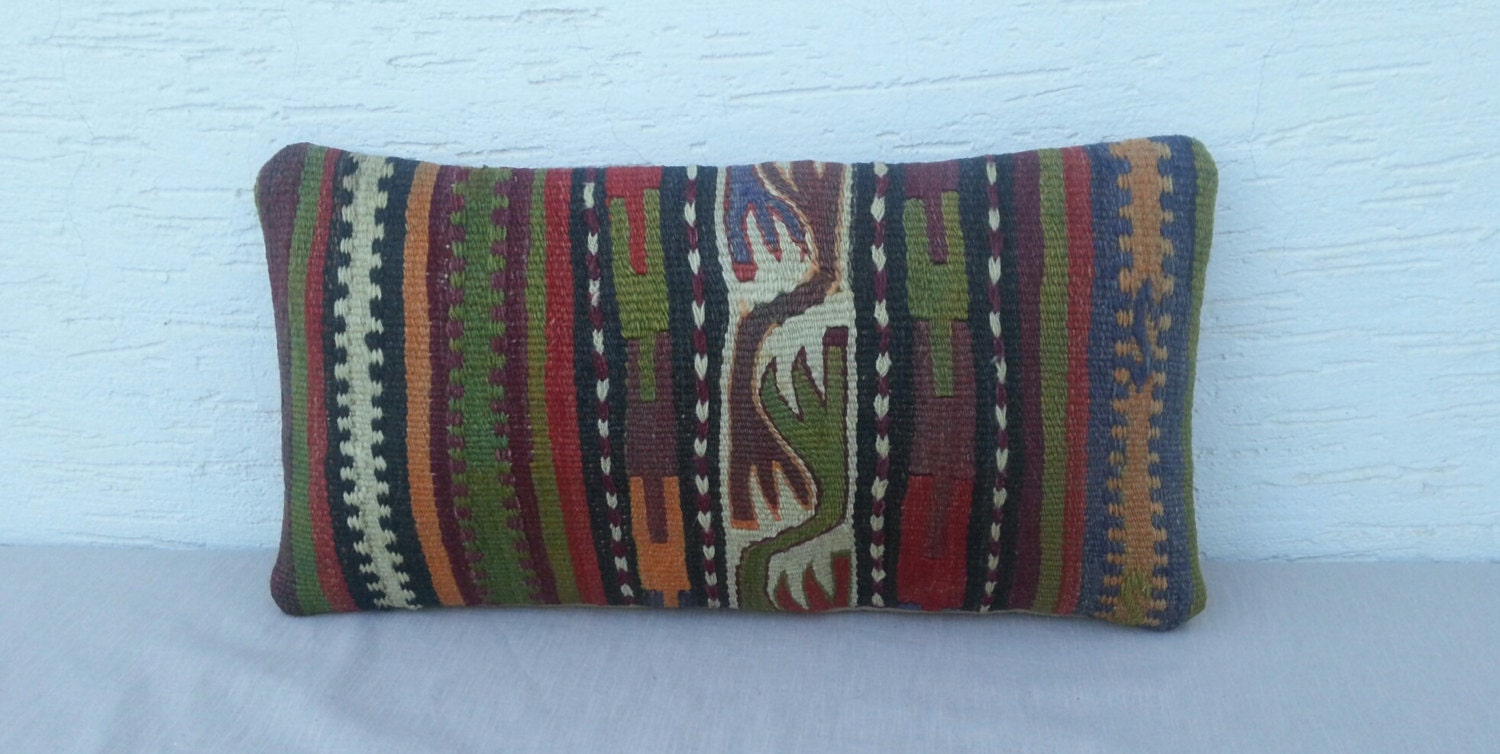 BOHEMIAN  Home Decor  Handwoven Wool Striped Turkish  Kilim Pillow Cover,Decorative Throw Pillows,Bolster Pillow Cover,Lumbar Kilim Pillow.