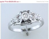 MEMORIAL DAY SALE Flower & Leaf  Antique Art Deco Diamond Engagement Ring, 18k White Gold and Palladium