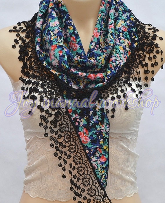 Cotton silk floral blue scarf, soft lace triangle scarf, shawl, women of fashion accessories
