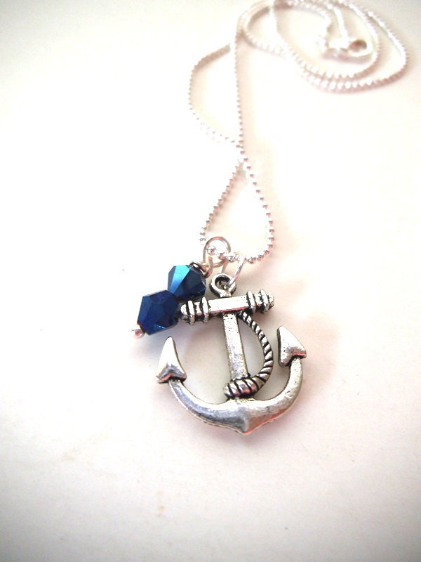 Ocean Nautical Inspired Necklace with Silver Anchor, Deep Blue Crystals & Delicate Silver-Plated Ball Chain