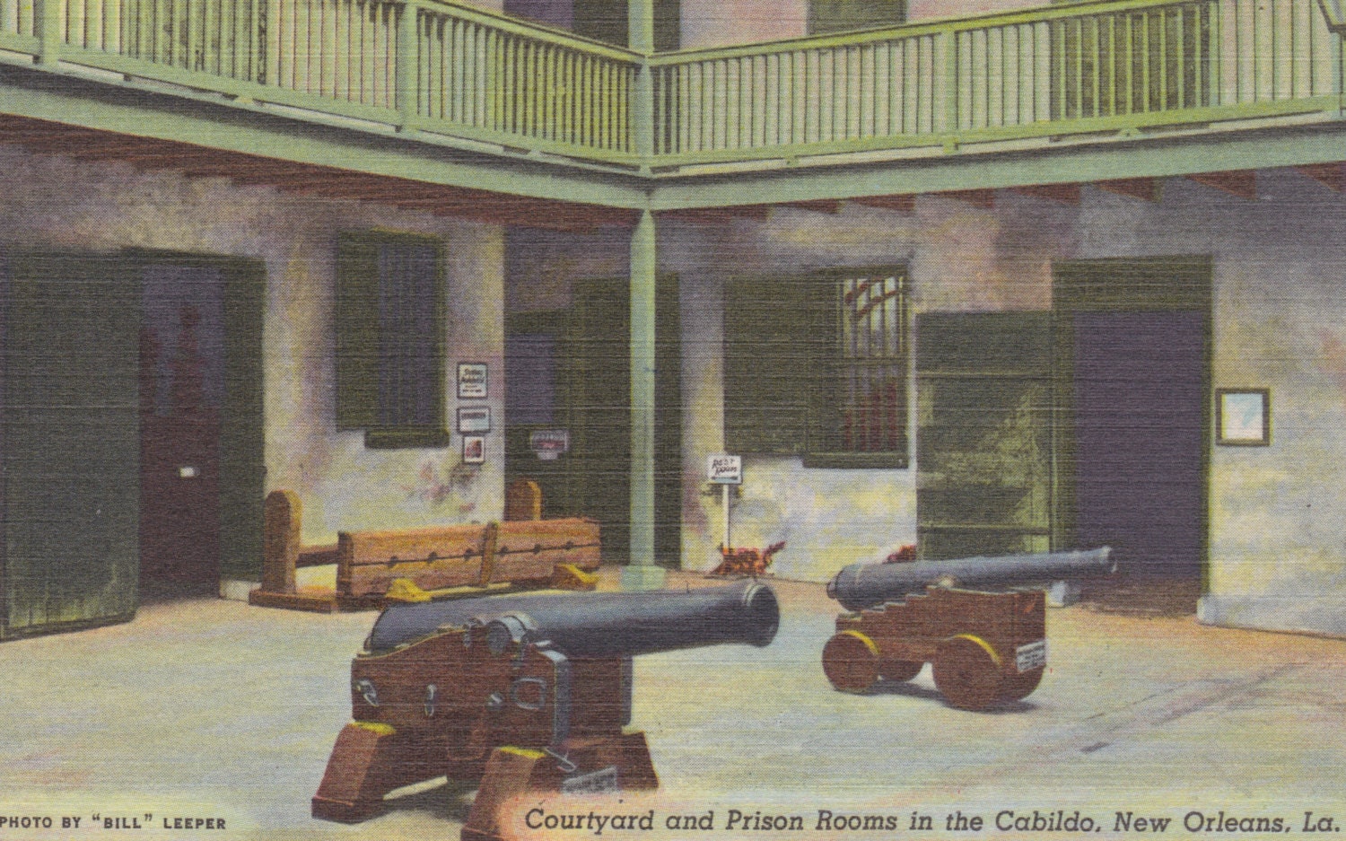 NEW ORLEANS, LOUISIANA - Courtyard & Prison Rooms in the Cabildo, Vintage Linen Postcard, 1940s, "Bill" Leeper