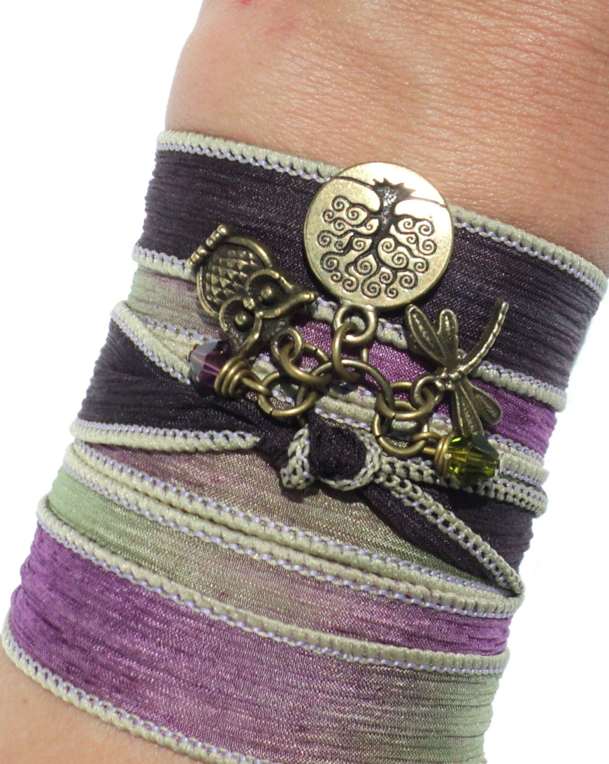 Owl Silk Wrap Bracelet Yoga Jewelry Tree of Life Dragonfly Mother Earth Bohemian Hippie Earthy Unique Gift For Her Under 50 Item V14