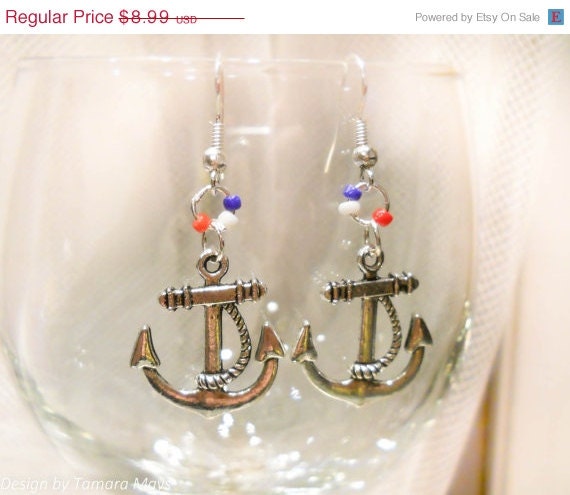 SALE Nautical Anchor Earrings with Navy Red and White Glass Beads