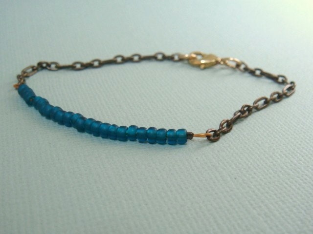 Simple Beaded Bracelet Frosted Teal Glass And Brass