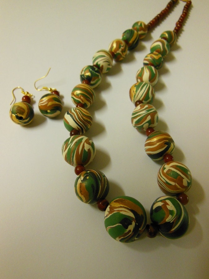 Necklace, earring,  set, handmade, polymer clay, green, brown, white & painted gold, glass  spacers, original., unique, modern