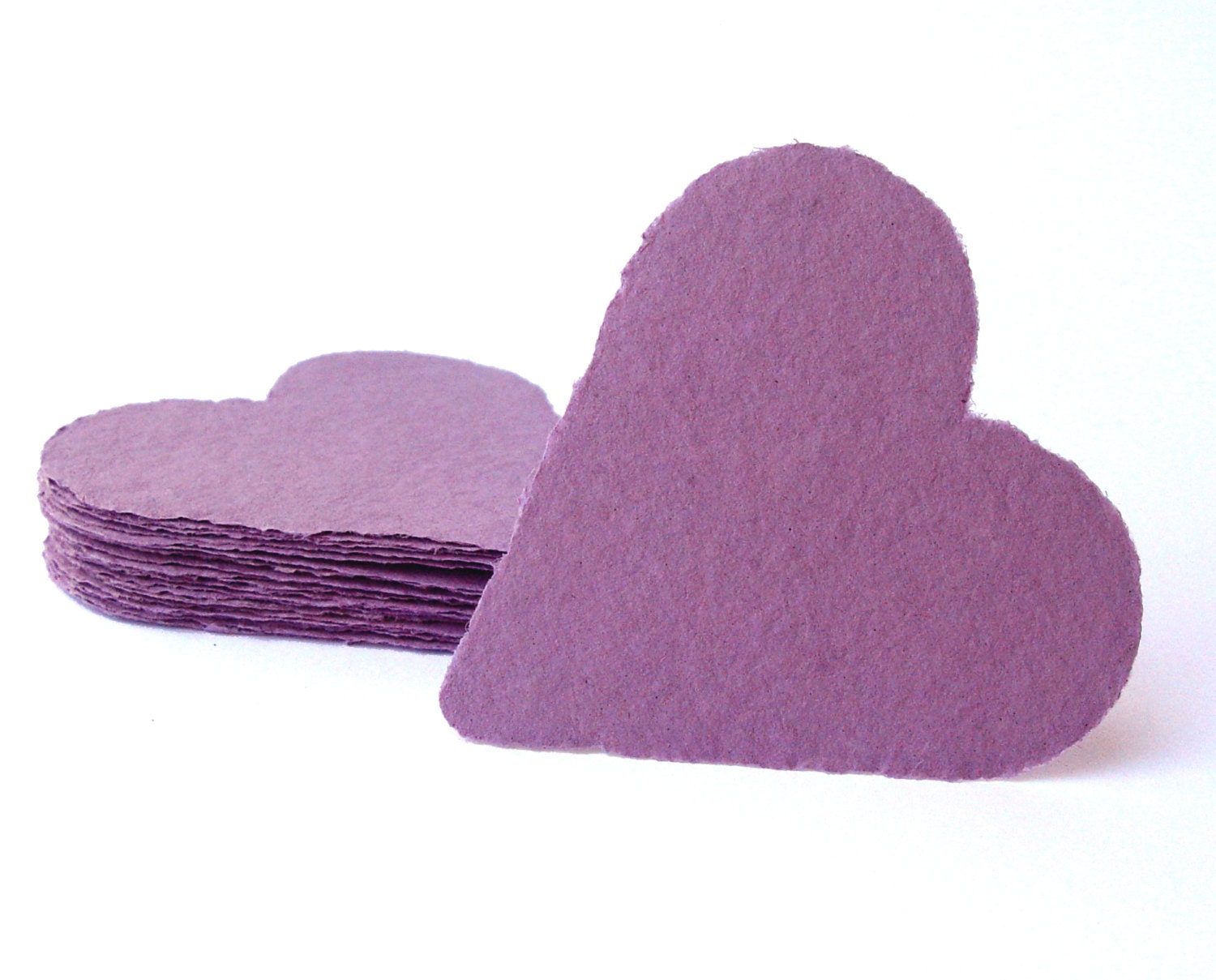 Lavender purple hearts, handmade paper, recycled, deckle edge, set of 10