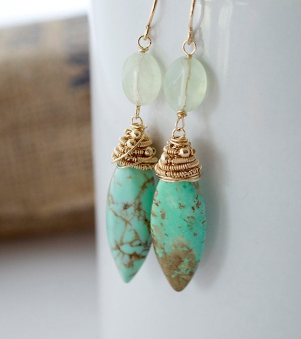 Turquoise Dangle Earrings, Wire Wrapped Turquoise Earrings, Gold Earrings