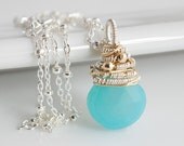 Chalcedony Pendant Necklace, Wire Wrapped Necklace, Blue Necklace,  Silver Necklace