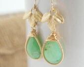 Chrysoprase Dangle Earrings, Gold Earrings, Bridal Jewelry, Green Earrings, Bezel Set Earrings