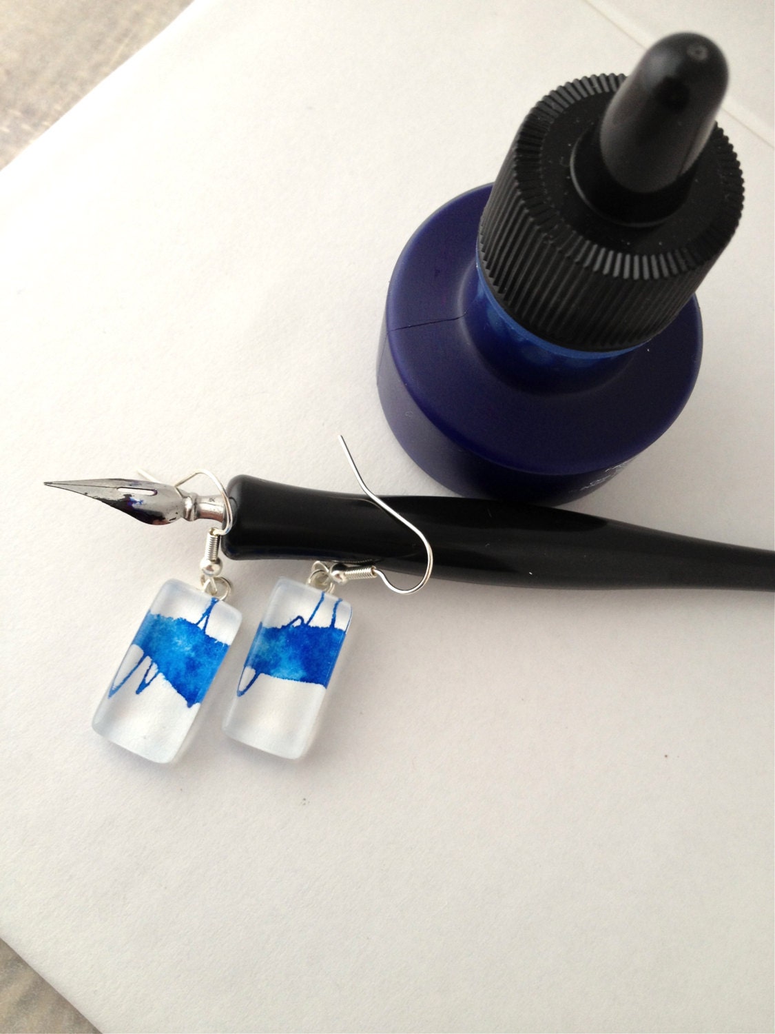 Abstract Blue Ink - Wearable Artwork Earrings  - Original Ink Paintings - One of a Kind