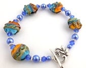 Blue and Topaz Lampwork Bracelet, Beaded Bracelet, Beadwork Bracelet, Glass Beads, Gifts for Her, Beaded Jewelry