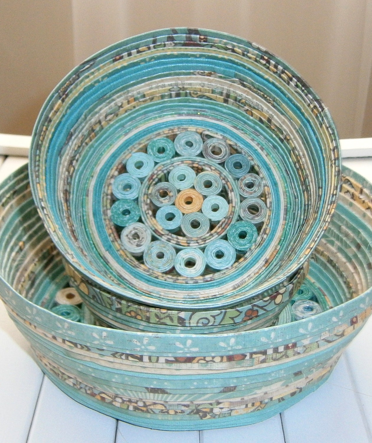 Coiled Paper Basket / Bowl, Handmade - Shades of Aqua and Teal Recycled Paper, 5" Diameter