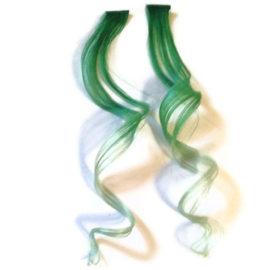 Green Ombre human Hair Extensions: Dark to Light 18" long, 1" wide. TWO PIECES