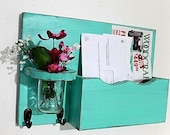 Mail organizer, floral vase, key hooks, mail holder, vintage, sconce, wood, distressed, shabby chic, home decor,painted Aqua blue