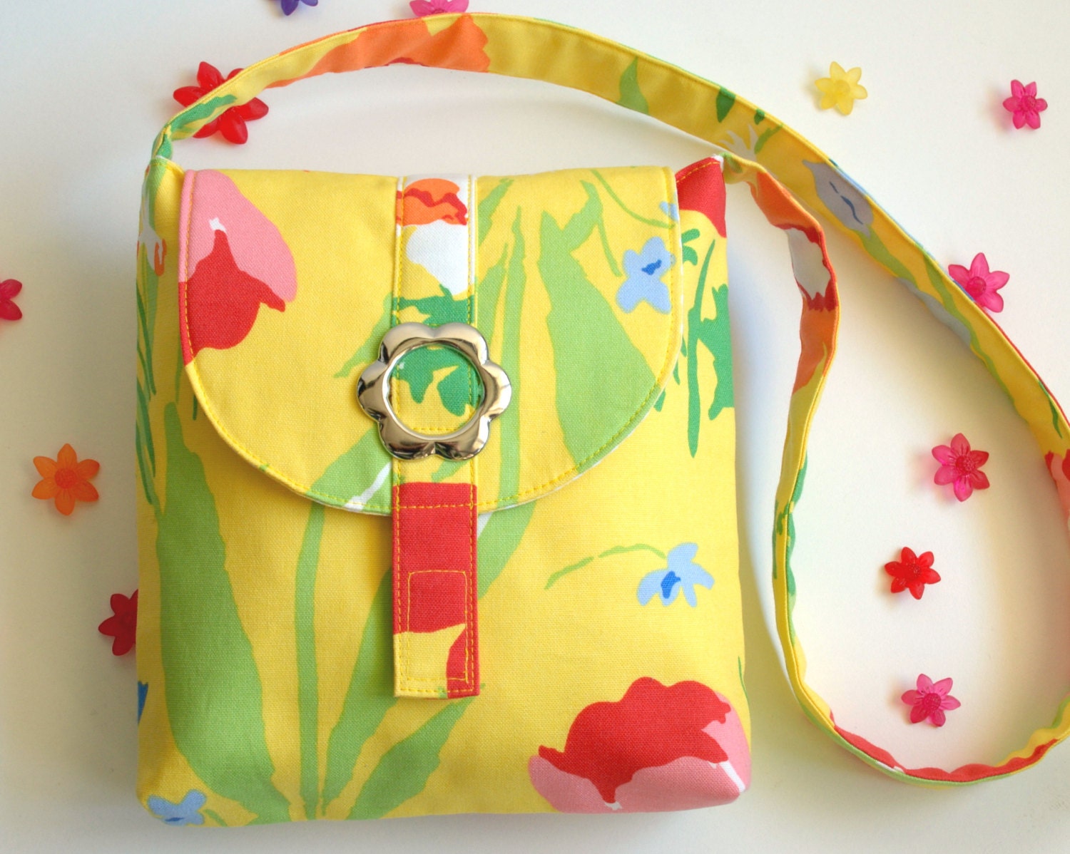 Girls Messenger Bag, Childrens Cross Body Bag,Messenger Bag For Kids-Yellow Spring Flower with Flower Buckle, For 2-6yrs