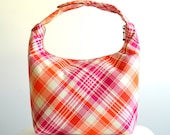Insulated Lunch Bag, Fabric Lunch Bag, Women Lunch Tote, Girls School Lunchbag, Hot Pink Orange Diagonal Checker