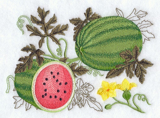 Botanical Vegetable Series - Watermelon - Embroidered Decorative Linen Towel or Absorbent White Cotton Flour Sack Towel