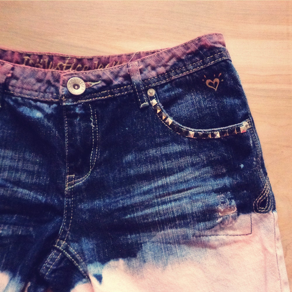 Upcycled Denim Dip Dye Shorts with Destruction and Studs - Size 8