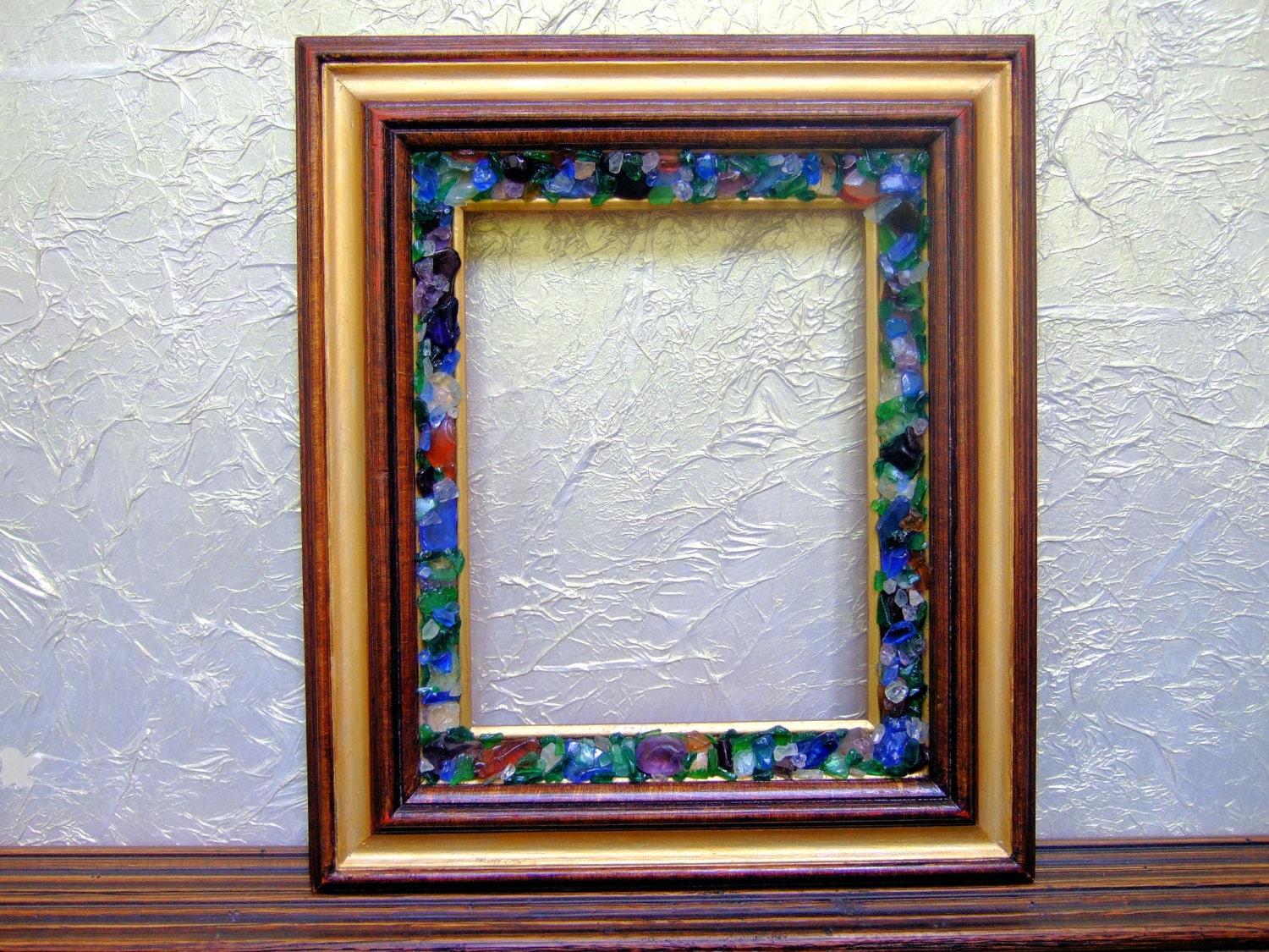 Antique Finish, Vintage Wood Picture Frame Embellished with Polished Glass and Stones, 8 x 10 Picture, Wall Decor