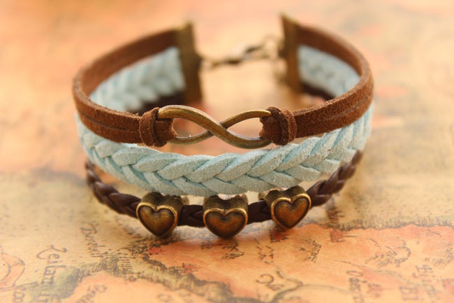 karma bracelet,retro bronze infinity pendant with love heart bead,alloy bracelet,brown leather braid bracelet---B217