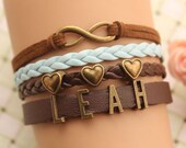 Lover name bracelet,karma bracelet,retro bronze infinity pendant with love heart bead,initial bracelet,LETTERS bracelet--B258