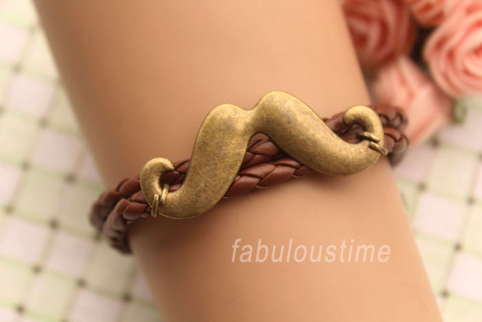 Funny mustache,retro bronze Funny mustache pendant bracelet,brown leather braid bracelet---B311