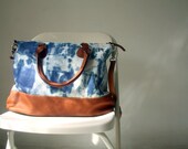 Hand Dyed Canvas and Leather Bag in Blue and White