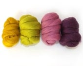Felting Wool - Merino wool tops - 21 micron - 4 x 25g - Pink - Purple - Green - Yellow - Needle felting - spinning - ESSENCE OF BILBERRY