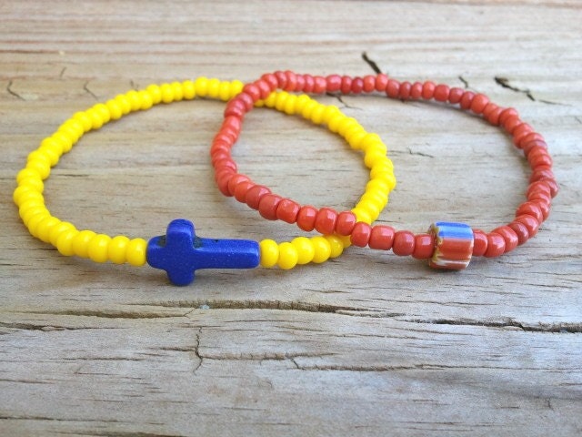 Blue cross and striped chevron bracelet duo