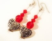 Long Floating red heart SALE length love crystal silver filigree pierced dangle earrings Valentine Boho jewelry tagt tenx