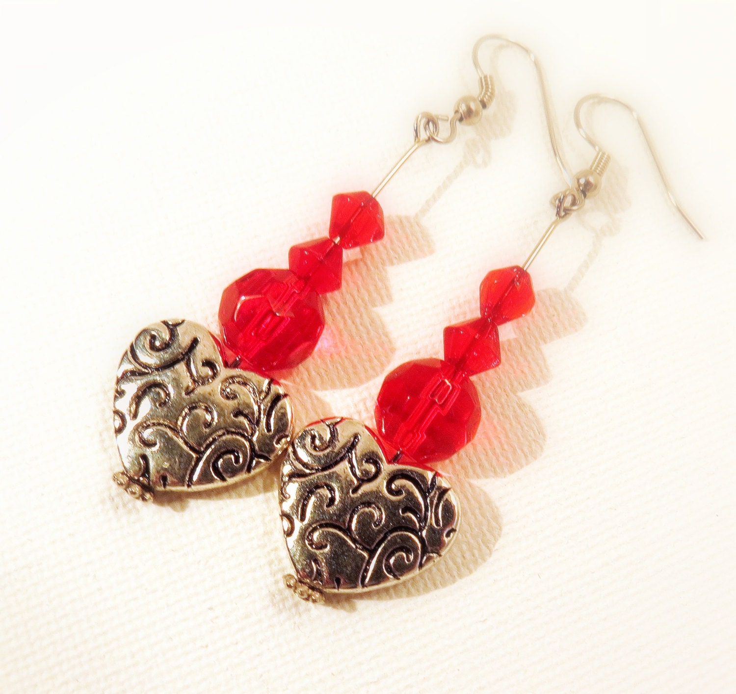 Long Floating red heart SALE length love crystal silver filigree pierced dangle earrings Valentine Boho jewelry tagt tenx