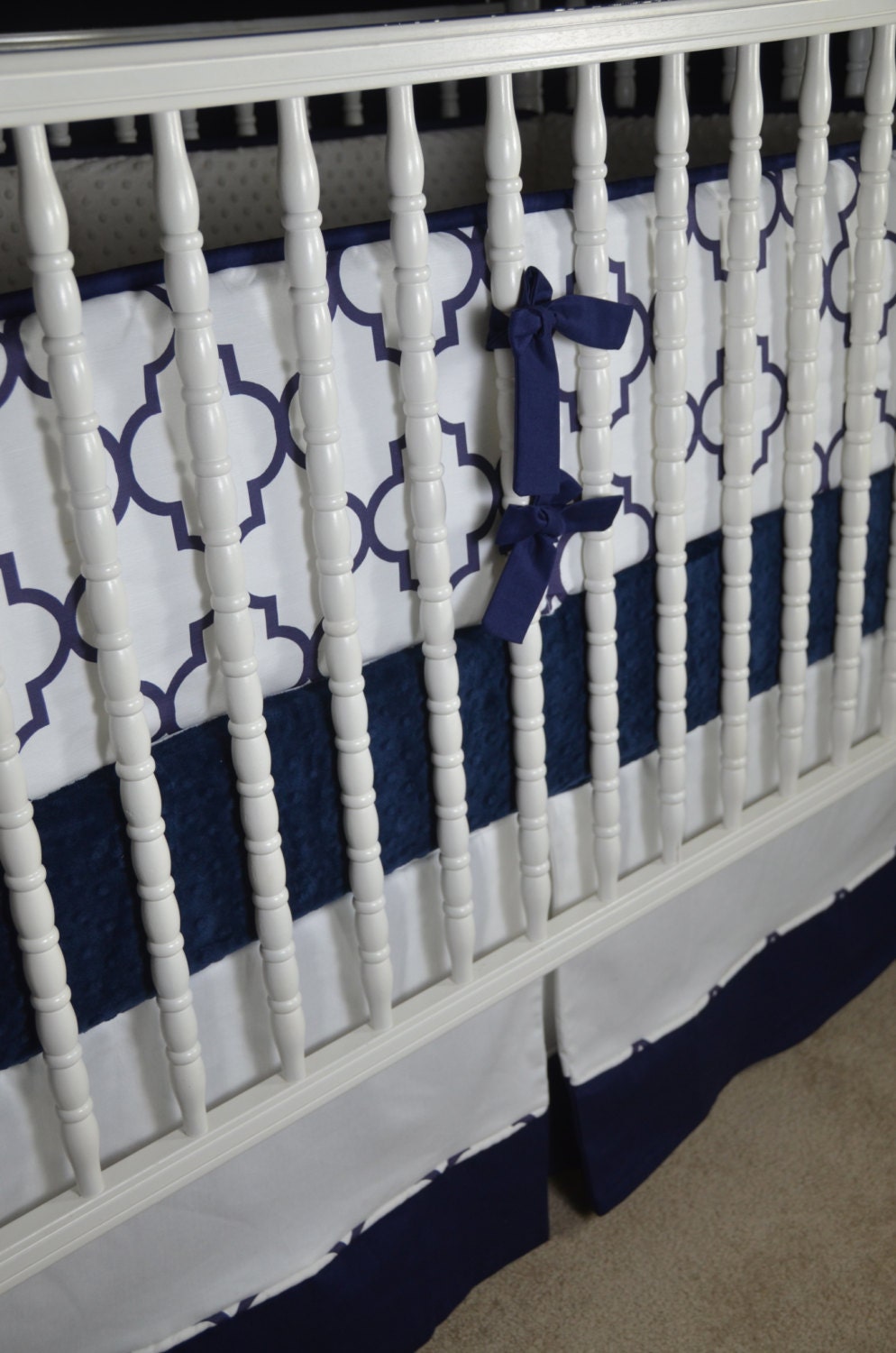 Custom Three Piece Crib Bedding in Navy and white trellis fabric-Crib bumper, skirt and minky sheet