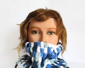 Knit Soft Scarf Cowl Neckwarmer Tube Scarf Neck Warmer - Blue White Turquoise OOAK