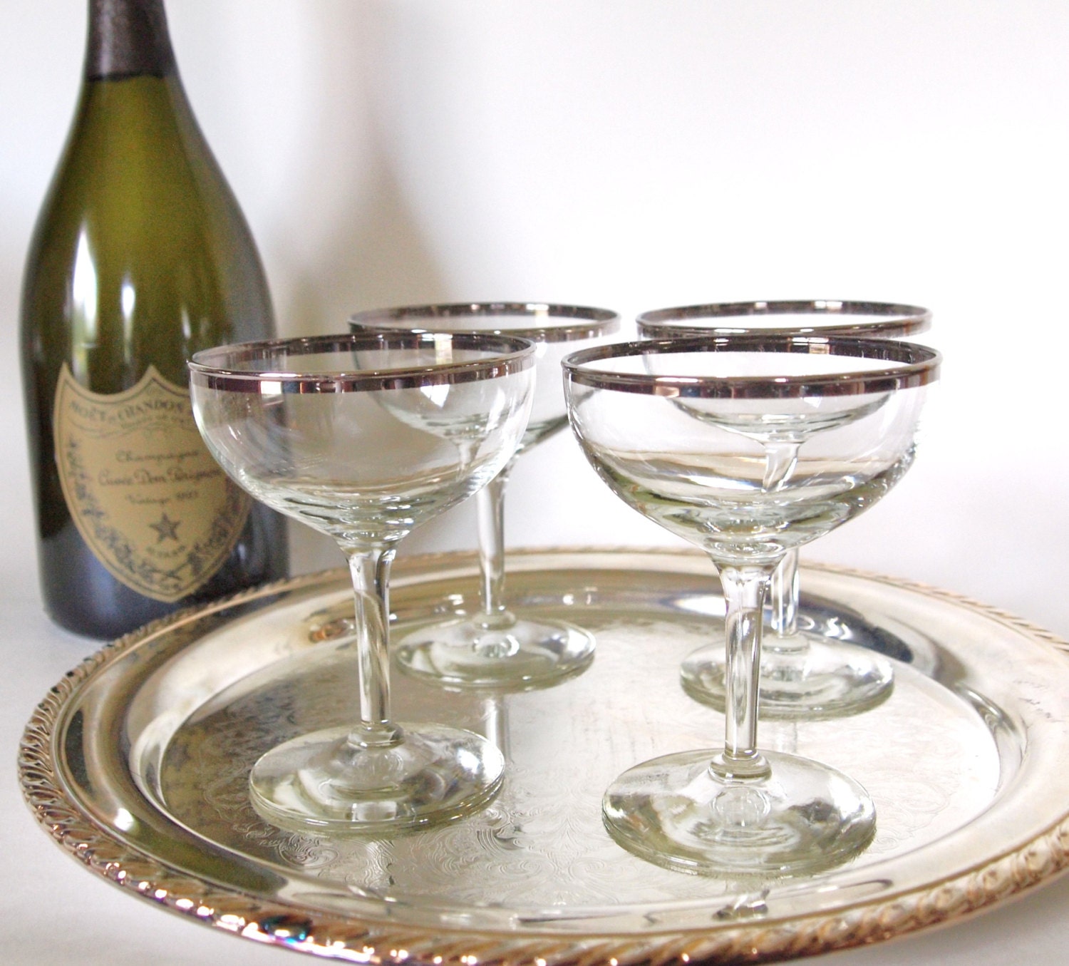 Vintage Champagne Coupe Glasses with Silver Rims - Mid Century - Set of 4