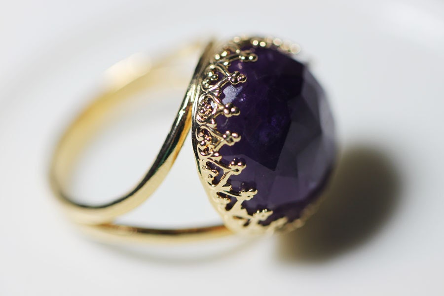 Amethyst Ring. Purple Ring. Golden Ring with Amethyst. Gemstone Amethyst Purple Ring. February Birthstone