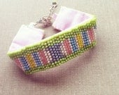 Friendship Bracelet- Beadwork Bracelet, Bead Embroidered Bracelet, Pink and Gold Bracelet Cuff, Geometric Jewelry,OOAK