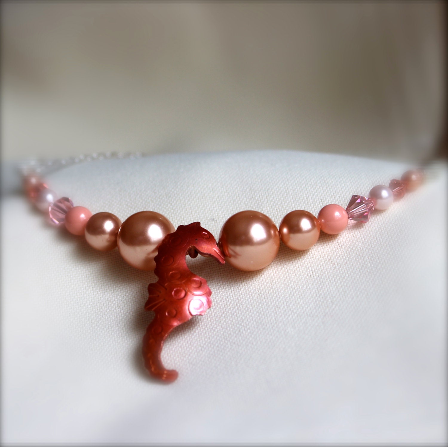Copper Sea Horse Pendant Necklace, Peach, Rose, Coral, Sterling Silver, Spring Summer, Birthday, GIFT, JEWELRY