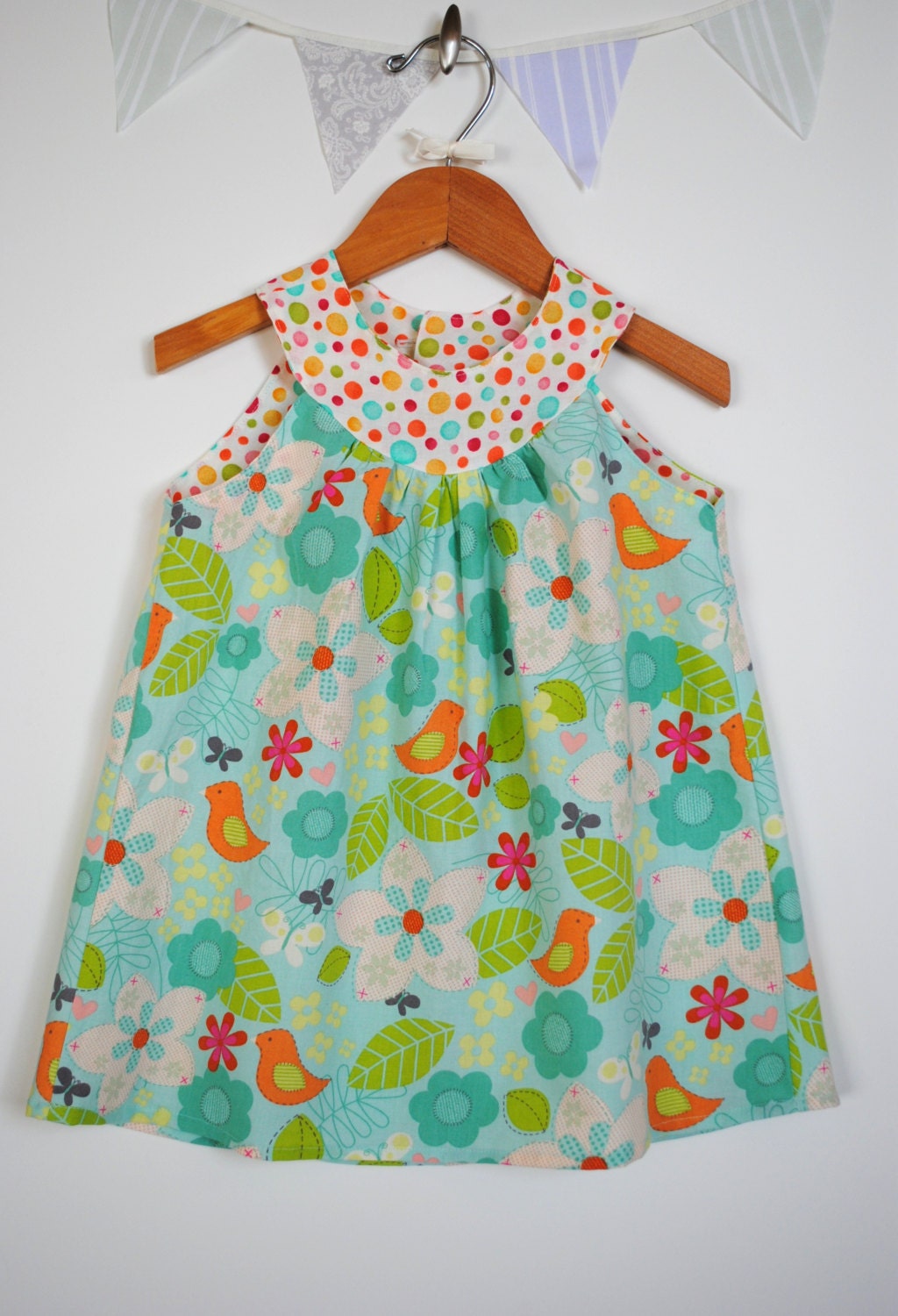 Girls A Line Dress, Round Collar, Sleeveless Tunic in Bird Fabric, Flowers, Leaves, Blue, Green, Orange, Polka Dots, Size 12-18 Months to 6