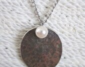 Handstamped Silver Coin Pendant Necklace with Classic White Pearl Romantic Gift for Her Women  Mother's Day Coin Jewelry Pearl Gift For Mom