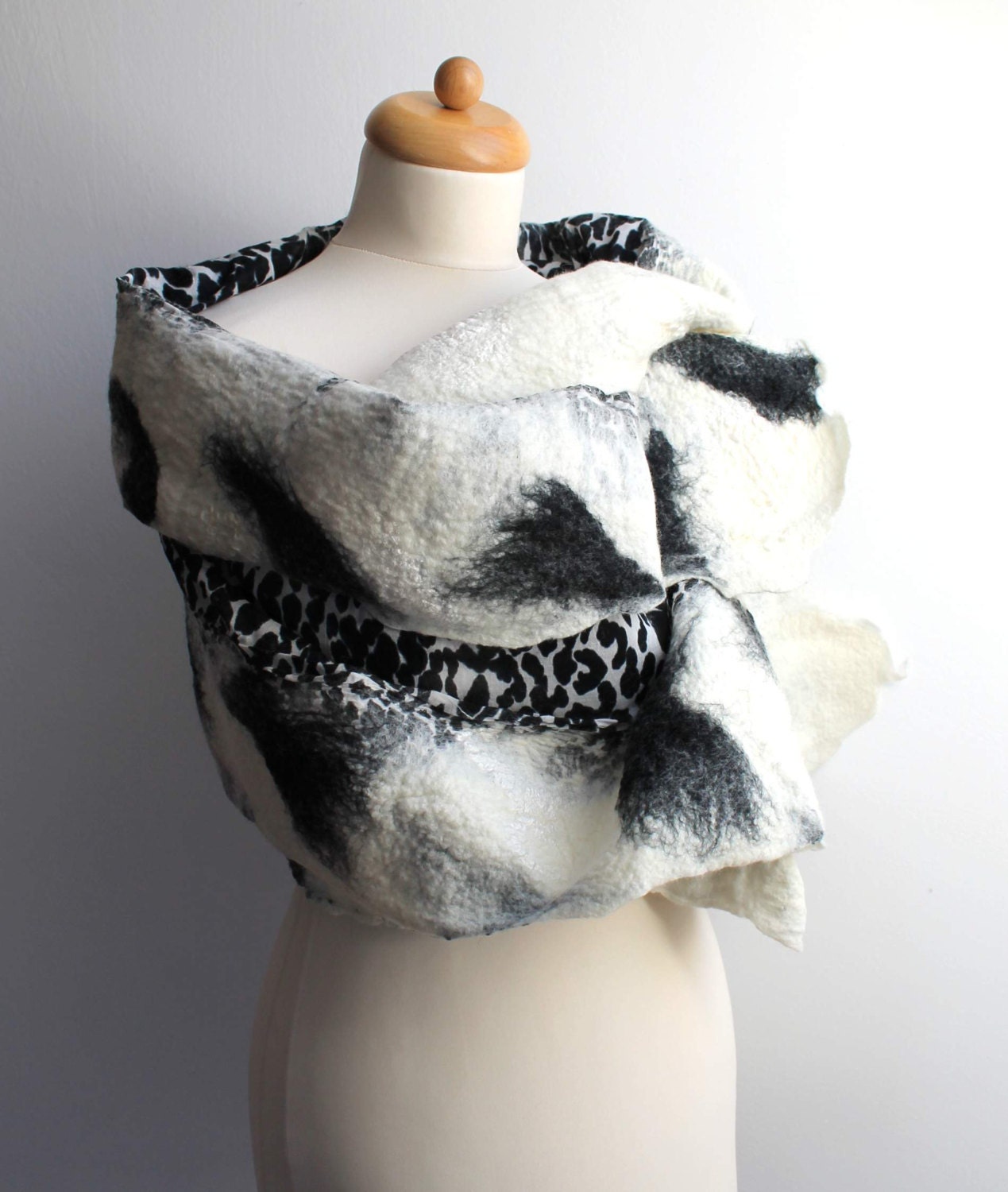 Leopard-print Nuno Felted Scarf  Wrap Zebra Shawl Black White Cotton Wool Hand Dyed Winter Accessory OOAK