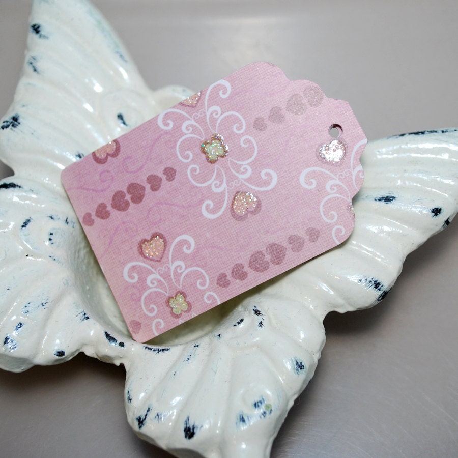 Glitter Paper Gift Tag Set - Pretty Dusty Pink Hearts and Swirlies
