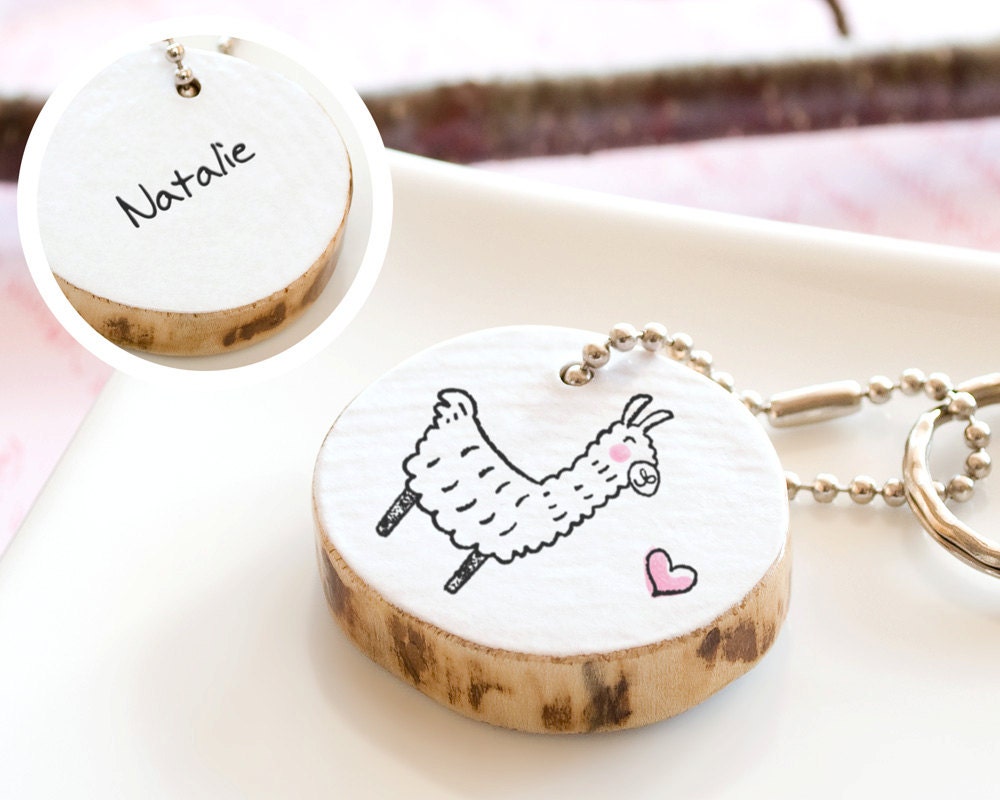PERSONALIZED Keychain Llama Animal Name Initials Monogram Cute Drawing Custom Gift Handmade Reclaimed Wood ECO FRIENDLY Keyring Round Wooden
