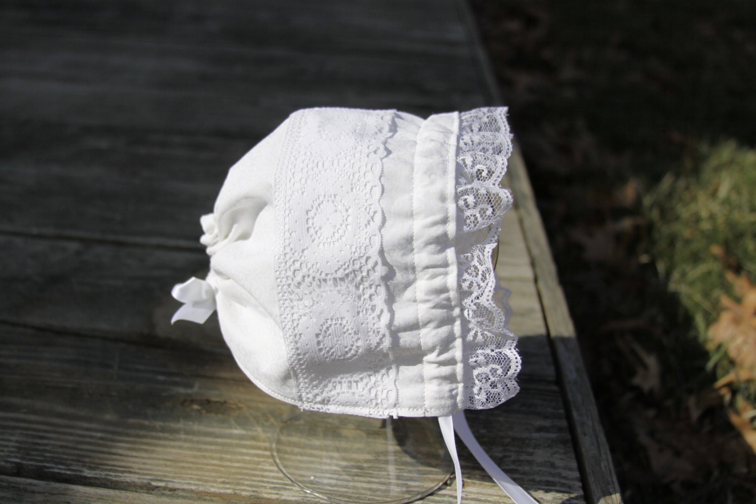 White Lace Baptism Bonnet