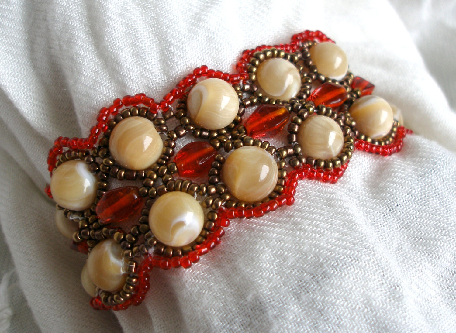 Red Gold Beige Bracelet - Beadwork. Beaded Handmade Jewelry 8 inch - 20 cm