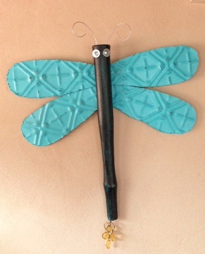 Distressed Turquoise & Black Antique Tin Dragonfly